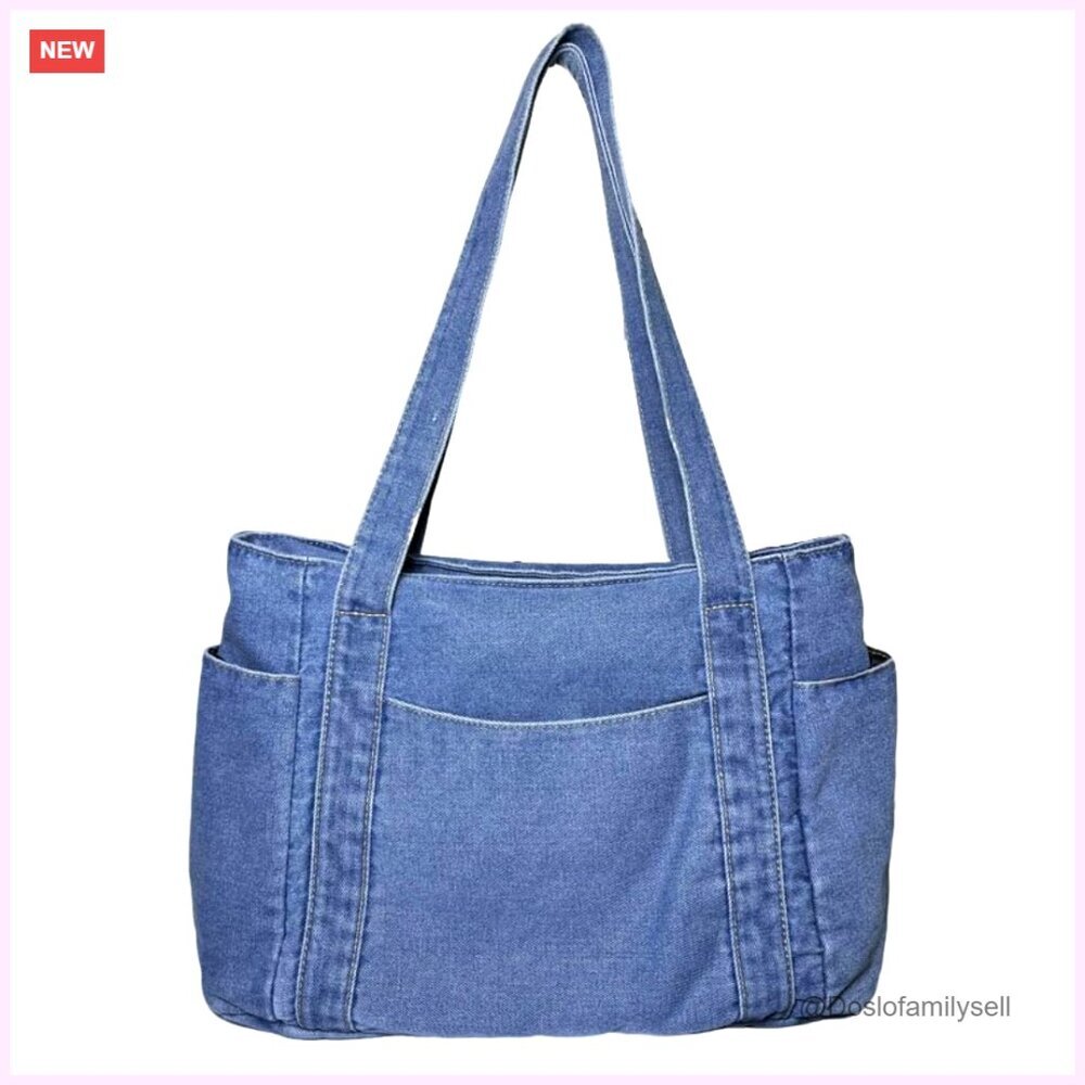 Denim Tote Bag with Multiple Pockets, Light Wash Casual Handbag